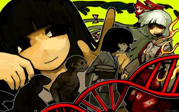  3girls animal_request aoiseshin black_hair blunt_bangs bow burning caveman clenched_hand clenched_teeth commentary_request cowboy_shot dna empty_eyes evolution facing_viewer feet_out_of_frame finger_gun fire floating_hair frown fujiwara_no_mokou fujiwara_no_mokou_(young) grey_kimono grey_shirt hair_bow highres houraisan_kaguya japanese_clothes kimono long_hair long_sleeves looking_at_another multiple_girls multiple_hair_bows obi ofuda ofuda_on_clothes open_mouth outline pants portrait prehistoric_animal red_eyes red_pants sash shaded_face shirt short_hair short_kimono sideways_glance smile suspenders teeth touhou white_hair white_outline 