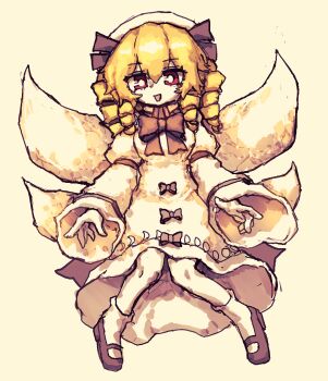  1girl black_shoes blonde_hair bow bowtie breasts brown_bow brown_bowtie commentary dress drill_hair fairy fairy_wings full_body hat highres korean_commentary long_hair long_sleeves luna_child mary_janes medium_breasts multiple_wings rampa93 red_eyes shoes simple_background smile socks solo touhou white_dress white_socks wide_sleeves wings yellow_background 