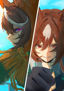  2girls absurdres animal_ears black_gloves brown_hair commentary_request eyes_visible_through_hair frown gloves grin highres horse_ears horse_girl long_hair looking_at_another looking_at_viewer multicolored_hair multiple_girls parted_lips purple_eyes red_eyes sfnnezl_0u0 sirius_symboli_(umamusume) smile split_screen symboli_rudolf_(umamusume) umamusume white_hair 