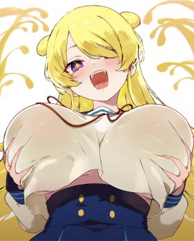  1girl absurdres blonde_hair blue_sailor_collar blue_skirt breasts cmyk:_sameda_kazuou_wa_chuunibyou_ga_naosenai double_bun from_below grabbing_own_breast hair_bun hair_over_one_eye hashtag-only_commentary highres koba large_breasts long_hair long_sleeves looking_at_viewer neck_ribbon purple_eyes red_ribbon ribbon sailor_collar school_uniform serafuku skirt solo tasogare_kiiro upper_body white_background yellow_pupils 