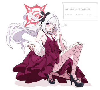  1girl amaton707 blue_archive dress fishnet_pantyhose fishnets halo high_heels long_hair mutsuki_(blue_archive) mutsuki_(dress)_(blue_archive) on_one_knee one_eye_closed pantyhose pointy_ears purple_dress white_background white_hair  rating:Sensitive score:1 user:Hullyen