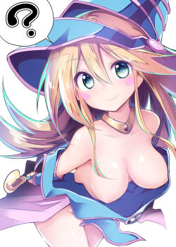1girl ? areola_slip bare_shoulders blonde_hair blush blush_stickers boots breasts chipa_(arutana) dark_magician_girl downblouse duel_monster female_focus foreshortening from_above green_eyes hat highres large_breasts long_hair nipples simple_background smile solo spoken_question_mark wardrobe_malfunction white_background wizard_hat yu-gi-oh! yu-gi-oh!_duel_monsters rating:Questionable score:133 user:danbooru