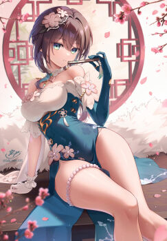  1girl aqua_dress aqua_eyes aqua_gloves arm_support asymmetrical_gloves bare_shoulders breasts brown_hair commentary_request covered_navel dress falling_petals folded_fan folding_fan gloves hand_fan highres holding holding_fan honkai:_star_rail honkai_(series) long_hair looking_at_viewer medium_breasts mismatched_gloves official_alternate_costume parted_lips petals ruan_mei_(honkai:_star_rail) ruan_mei_(plumblossom_letter)_(honkai:_star_rail) sitting solasuna solo thigh_beads thighs two-tone_dress uneven_gloves 