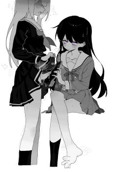  2girls absurdres bang_dream! bang_dream!_it's_mygo!!!!! black_hair black_socks blunt_bangs blush buttons clothes_lift commentary double-breasted dress erection futa_with_female futanari greyscale hanasakigawa_school_uniform hashtag-only_commentary highres holding holding_legwear holding_unworn_clothes kneehighs long_sleeves mcwanderer mole mole_under_eye monochrome motion_lines multiple_girls neck_ribbon neckerchief no_eyes open_mouth penis pleated_skirt puff_of_air purple_eyes ribbon sailor saliva school_uniform shaded_face shiina_taki simple_background single_bare_foot single_kneehigh single_sock skirt skirt_lift socks spot_color sweatdrop tsukinomori_school_uniform twitching wakaba_mutsumi white_background yuri 