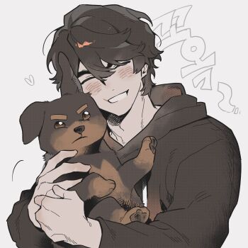  1boy ^_^ animification baby_animal black_hair black_hoodie blush closed_eyes cole_(ninjago) commentary dobermann dog drawstring grin heart highres hood hood_down hoodie korean_text long_sleeves male_focus nanunbab0da ninjago ninjago:_dragons_rising puppy simple_background smile translation_request untranslatable_commentary upper_body white_background 