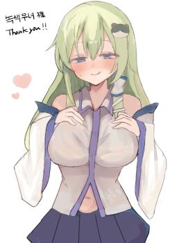  1girl :q bare_shoulders black_skirt blue_eyes blush breast_suppress breasts closed_mouth collared_shirt commentary_request commission commissioner_name detached_sleeves double-parted_bangs frog_hair_ornament furisode_sleeves green_hair hair_ornament hair_tubes hands_up heart impossible_clothes impossible_shirt kochiya_sanae large_breasts licking_lips long_hair long_sleeves looking_at_viewer midriff_peek miniskirt narrow_waist navel nose_blush pleated_skirt seductive_smile shirt simple_background single_hair_tube skeb_commission skirt sleeveless sleeveless_shirt smile solo straight-on sweatdrop thank_you tongue tongue_out touhou upper_body white_background white_shirt white_sleeves wide_sleeves wing_collar yuzu_ringo_(ohayou_hey) 