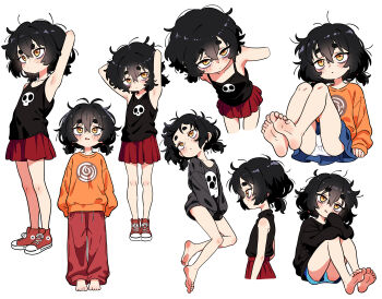  1girl absurdres armpits barefoot black_hair commentary english_commentary feet highres leims_(urje8584) messy_hair multiple_views original panties red_skirt simple_background skirt soles toes twintails underwear white_background white_panties 