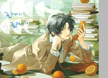  1boy asaba_harumasa black_hair black_necktie book bracelet brown_suit commentary_request corded_phone fang food formal_clothes fruit gjpal51357 head_rest holding holding_phone jewelry looking_at_viewer lying male_focus multiple_rings necktie on_stomach open_mouth orange_(fruit) parted_bangs phone pile_of_books ring shirt short_hair silver_ring skin_fang solo suit white_shirt yellow_eyes zenless_zone_zero 