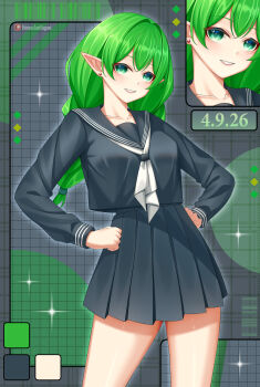  1girl absurdres artist_name black_sailor_collar black_serafuku black_shirt black_skirt braid breasts collarbone color_guide commission commissioner_upload cowboy_shot earrings elf euphemy_sylvaine green_eyes green_hair grin hands_on_own_hips highres instagram_logo jewelry large_breasts long_hair long_sleeves looking_at_viewer lori_hagami medium_breasts neckerchief official_art patreon_logo patreon_username pleated_skirt pointy_ears sailor_collar school_uniform serafuku shirt skirt smile solo standing stud_earrings twin_braids twitter_logo ways_of_darkness_(series) white_neckerchief zoom_layer 