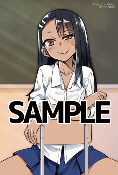  1girl 774_(nanashi) black_hair blue_skirt brown_eyes chair chalkboard classroom closed_mouth collared_shirt earrings ijiranaide_nagatoro-san indoors jewelry long_hair looking_at_viewer nagatoro_hayase sample_watermark school_uniform shirt short_sleeves single_earring sitting skirt smile solo tan watermark white_shirt 