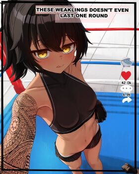  1girl armpits bare_shoulders black_gloves black_hair blush boxing_ring breasts brown_eyes collarbone crop_top fingerless_gloves from_above gloves highres long_hair looking_at_viewer maria_(mockingeu) mockingeu navel original panties ponytail selfie shorts small_breasts social_network solo sports_bra sportswear standing stomach tattoo tongue tongue_out underwear viewfinder white_panties  rating:Sensitive score:23 user:danbooru