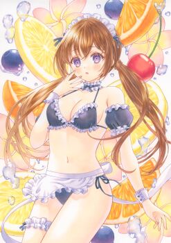  1girl apron arm_at_side armband bikini black_armband black_bikini blueberry breasts brown_hair cherry cleavage collar commentary_request cowboy_shot crossed_bangs expressionless food frilled_armband frilled_bikini frilled_collar frilled_thigh_strap frilled_wrist_cuffs frills fruit fruit_background hand_up highres large_breasts lemon lemon_slice long_hair looking_at_viewer maid maid_bikini maid_headdress navel orange_(fruit) orange_slice original osumi_izumi parted_lips purple_eyes side-tie_bikini_bottom solo standing stomach string_bikini swimsuit thigh_strap traditional_media twintails unconventional_maid waist_apron water_drop white_apron white_background white_wrist_cuffs wrist_cuffs 
