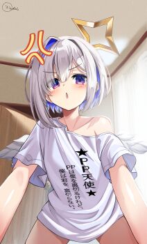  1girl :o absurdres all_fours amane_kanata angel angel_wings anger_vein blue_eyes blue_hair blunt_bangs blush breasts clothes_writing collarbone colored_inner_hair commentary_request feathered_wings from_below gradient_eyes grey_hair highres hololive indoors inokeiwd looking_at_viewer loose_clothes loose_shirt mini_wings multicolored_eyes multicolored_hair naked_shirt navel no_pants pp_tenshi_t-shirt purple_eyes shirt short_hair short_sleeves shuriken_hair_ornament signature single_hair_intake single_off_shoulder small_breasts solo stomach t-shirt two-tone_hair v-shaped_eyebrows virtual_youtuber white_shirt wings 