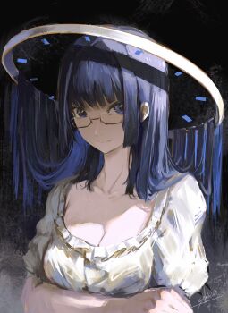  1girl alternate_costume arm_under_breasts black-framed_eyewear blue_eyes blue_hair breasts cleavage closed_mouth commentary dress english_commentary frilled_dress frills glasses hair_flowing_over halo highres hololive hololive_english large_breasts long_sleeves looking_at_viewer ouro_kronii portrait puffy_long_sleeves puffy_short_sleeves puffy_sleeves scoop_neck semi-rimless_eyewear shadelett short_sleeves signature smile solo under-rim_eyewear virtual_youtuber white_dress 