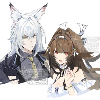  1boy 1girl animal_ears bare_shoulders black_gloves breasts brown_hair cat_boy cat_ears cleavage collared_shirt crossed_bangs droopy_ears gloves grey_shirt hairband long_hair necktie open_mouth police police_badge police_uniform policeman red_eyes severian_lowell shirt smile to_te_na upper_body white_hairband ye_shunguang yellow_eyes yellow_necktie zenless_zone_zero 