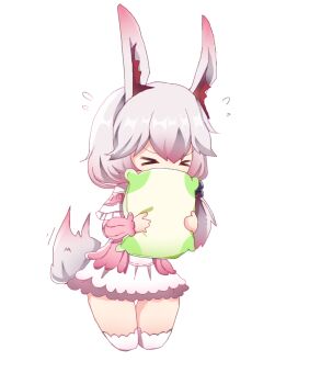  >_< 1girl animal_ears blush closed_eyes cosplay crossover fang fox_ears hands_on_own_face highres honkai_(series) honkai_impact_3rd hugging_object kanna_kamui kanna_kamui_(cosplay) kobayashi-san_chi_no_maidragon long_hair long_sleeves momoko_nico open_mouth pillow pillow_hug pink_hair simple_background skin_fang smile solo theresa_apocalypse theresa_apocalypse_(sakuno_rondo) thighhighs v-shaped_eyebrows white_background white_thighhighs 