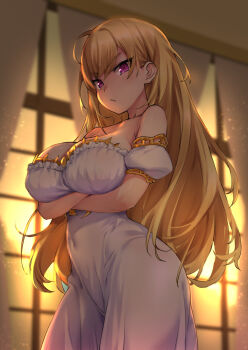 1girl :< backlighting bare_shoulders blonde_hair blurry blurry_background blush breast_hold breasts cleavage closed_mouth collarbone covered_navel cowboy_shot crossed_arms curtains depth_of_field detached_sleeves dress evening female_focus indoors large_breasts long_hair looking_at_viewer nijisanji pink_eyes puffy_short_sleeves puffy_sleeves short_sleeves solo strapless strapless_dress sunlight sunset takamiya_rion takamiya_rion_(2nd_costume) try_(lsc) v-shaped_eyebrows very_long_hair virtual_youtuber white_dress window rating:Sensitive score:103 user:danbooru