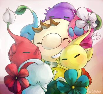 1boy =_= ^_^ big_nose black_skin blue_eyes blue_flower blue_pikmin blue_skin brown_hair bud closed_eyes colored_skin cowboy_shot flower gloves grin group_hug hand_on_another's_head happy hug insect_wings leaf light_blush light_particles nintendo no_headwear no_mouth olimar pikmin_(creature) pikmin_(series) pink_background pink_skin pointy_ears pointy_nose purple_hair purple_pikmin purple_skin red_flower red_gloves red_pikmin red_skin rock rock_pikmin rylitah short_hair signature smile solid_circle_eyes spacesuit star_(symbol) third-party_source triangle_mouth two-tone_background very_short_hair white_background white_flower white_pikmin winged_pikmin wings yellow_pikmin yellow_skin 