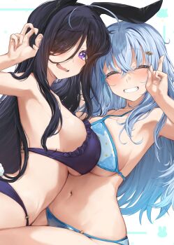  2girls animal_ears ass bikini black_bikini black_hair black_hairband blue_bikini blue_hair blush breasts closed_eyes closed_mouth commentary_request crossed_bangs embarrassed fake_animal_ears fake_tail hair_ornament hairband highres large_breasts looking_at_viewer multiple_girls navel nervous neshia_(tsaqif0309) original parted_lips purple_eyes rabbit_ears rabbit_tail simple_background smile swimsuit tail teeth thighs v white_background 