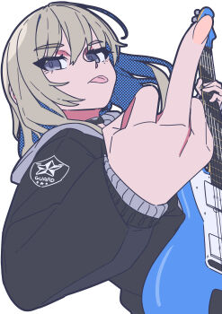 1girl absurdres black_choker blonde_hair blue_eyes choker commentary foreshortening girls_band_cry guitar highres holding holding_guitar holding_instrument instrument jacket kawaragi_momoka middle_finger simple_background solo tongue tongue_out wakamoto_zenko white_background  rating:General score:4 user:danbooru