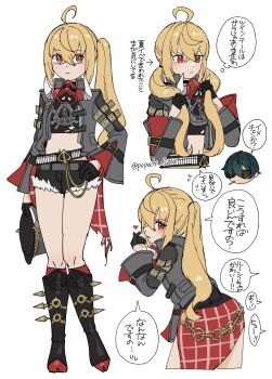  1boy 1girl ahoge baseball_bat black_gloves black_helmet black_shirt black_shorts blonde_hair blush closed_mouth combat_helmet commentary_request crop_top cropped_jacket crossed_bangs finger_heart fur-trimmed_shorts fur_trim gloves green_hair hair_between_eyes half_gloves hand_on_own_hip helmet highres holding holding_unworn_helmet lighter_(zenless_zone_zero) long_hair luciana_de_montefio mask mask_around_neck micro_shorts midriff multiple_views navel open_mouth pickelhaube popochi_fuwa red_eyes respirator shirt short_hair shorts side_ponytail simple_background speech_bubble standing sunglasses thought_bubble translation_request twitter_username unworn_headwear unworn_helmet white_background zenless_zone_zero 