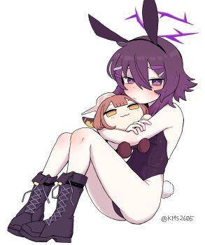  1girl animal_ears aru_(blue_archive) black_boots blue_archive boots character_doll commentary_request doll hair_between_eyes hair_ornament hairclip haruka_(blue_archive) highres kms2605 korean_commentary lace-up_boots medium_hair playboy_bunny purple_eyes purple_hair rabbit_ears rabbit_tail simple_background tail white_background 