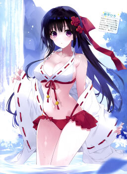  1girl absurdres armpit_crease artist_name bare_shoulders bell bikini black_hair breasts cleavage collarbone cowboy_shot dengeki_moeoh flower groin hair_between_eyes hair_flower hair_ornament hair_ribbon highres japanese_clothes jingle_bell kimono kimono_partially_removed kosode long_hair looking_at_viewer magazine_scan medium_breasts navel nontraditional_miko open_clothes open_kimono original outdoors parted_lips pinching_sleeves purple_eyes red_ribbon ribbon ribbon-trimmed_bikini ribbon_trim scan shiny_skin sideboob solo standing stomach suzuhira_hiro swimsuit third-party_source translation_request wading water waterfall wet 