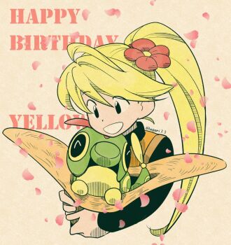  1girl :d agari33 black_eyes blonde_hair brown_hat caterpie character_name falling_petals flower gen_1_pokemon hair_between_eyes hair_flower hair_ornament happy_birthday hat holding holding_unworn_clothes holding_unworn_hat long_hair long_sleeves nintendo open_mouth petals pokemon pokemon_(creature) pokemon_adventures ponytail smile twitter_username unworn_hat unworn_headwear upper_body yellow_(pokemon) 