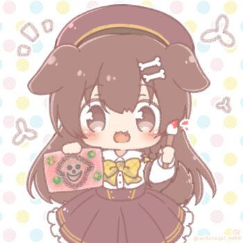  1girl :d animal_ears blush bone_hair_ornament bow braid brown_eyes brown_hair brown_skirt cartoon_bone chibi commentary_request dog_ears dog_girl dog_tail fang frilled_skirt frills hair_between_eyes hair_ornament highres holding holding_paintbrush hololive inugami_korone inugami_korone_(street) long_hair mitarashi_neko multicolored_polka_dots notice_lines open_mouth paintbrush plaid_bow pleated_skirt polka_dot polka_dot_background skirt smile solo tail very_long_hair virtual_youtuber white_background yellow_bow 