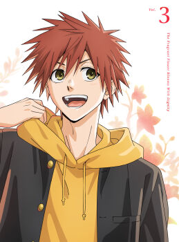  1boy absurdres black_jacket blu-ray_cover copyright_name cover flower gakuran highres hood hoodie jacket jacket_over_hoodie kaoru_hana_wa_rin_to_saku looking_at_viewer male_focus official_art open_clothes open_jacket open_mouth red_flower red_hair school_uniform smile solo upper_body usami_shouhei yellow_eyes yellow_hoodie 