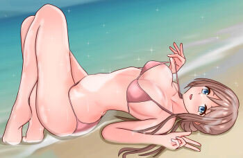  1girl beach bikini blue_eyes breasts brown_hair commentary_request gakuen_idolmaster himesaki_rinami idolmaster knees_up large_breasts long_hair looking_at_viewer lying nipple_slip nipples on_back on_ground outdoors pink_bikini solo stomach string_bikini swimsuit tabaruzaka46 w 