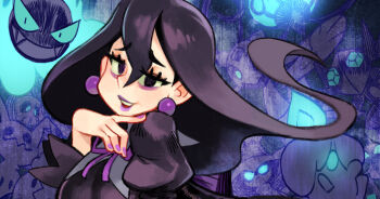  1girl alex_ahad bags_under_eyes black_hair blue_fire chandelure commentary duskull earrings english_commentary fangs fire froslass furrowed_brow gastly gen_1_pokemon gen_3_pokemon gen_4_pokemon gen_5_pokemon gen_7_pokemon glowing glowing_eyes hair_between_eyes hand_on_own_chin hand_to_own_mouth hand_up hex_maniac_(pokemon) hex_maniac_(pokemon_legends:_z-a) jewelry juliet_sleeves large_earrings lipstick litwick long_hair long_sleeves looking_at_viewer makeup mimikyu mismagius neck_ribbon nintendo open_mouth parted_lips pokemon pokemon_(creature) pokemon_legends:_z-a puffy_sleeves purple_eyes purple_lips purple_nails purple_ribbon ribbon sableye shuppet smile solo_focus sphere_earrings teeth upper_body upper_teeth_only 