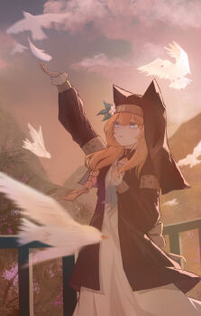  1girl absurdres animal_ear_headwear animal_ears arm_up ascot bird black_jacket black_veil blue_archive blue_ascot blue_eyes blue_sky braid chinese_commentary cloud coif commentary_request dress fake_animal_ears falling_feathers feathers flower hair_between_eyes halcyon_(cwxcwx) halo hand_on_own_chest hat hat_flower highres jacket long_hair mari_(blue_archive) no_halo nun orange_hair orange_sky outdoors parted_lips railing single_braid sky solo sunset veil white_bird white_dress white_flower 