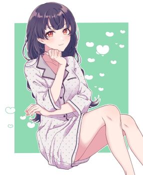  1girl black_hair bottomless braid crossed_arms green_background hand_on_own_chin hand_on_own_face heart idolmaster idolmaster_shiny_colors lingerie long_hair loungewear mayuzumi_fuyuko messy_hair nail_polish orange_eyes otakunocamp patterned patterned_clothing simple_background sitting sleepwear smile solo thighs underwear white_background  rating:Sensitive score:11 user:borgo42