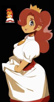  1girl black_background breasts colored_skin cowboy_shot crown dress earrings eyes_visible_through_hair eyeshadow gloves grey_eyes hair_over_one_eye highres jewelry large_breasts lifting_own_clothes lips lipstick long_hair makeup mario_(series) meme nintendo official_alternate_color ponytail princess_peach princess_toadstool_redraw_(meme) puffy_short_sleeves puffy_sleeves red_hair reference_inset sho-n-d short_sleeves simple_background smile solo super_mario_bros._1 very_long_hair white_dress white_gloves  rating:General score:12 user:BlueBaroness