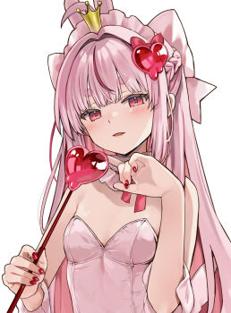  1girl ahoge animal_ears bare_shoulders bow breasts character_request check_character commentary crown hair_bow hair_intakes hands_up head_tilt heart highres holding indie_virtual_youtuber leotard long_hair looking_at_viewer maid_headdress mini_crown multicolored_hair nail_polish natsume_eri parted_lips pink_hair pink_leotard rabbit_ears red_eyes red_hair red_nails short_eyebrows simple_background small_breasts solo strapless strapless_leotard streaked_hair symbol-only_commentary thick_eyebrows tomari_mari upper_body very_long_hair virtual_youtuber white_background white_bow 