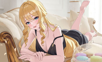  1girl absurdres barefoot blonde_hair blue_eyes blush feet food genshin_impact highres jumonji long_hair looking_at_viewer lying macaron navia_(genshin_impact) on_stomach open_mouth soles the_pose toes  rating:Sensitive score:61 user:ssfl