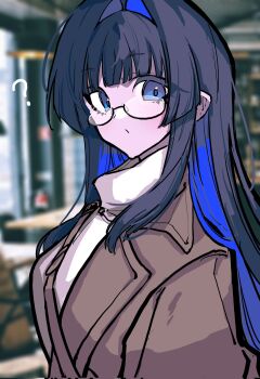  1girl ? black_hair blue_eyes blue_hair blunt_bangs blurry blurry_background brown_coat coat colored_inner_hair commentary english_commentary glasses hair_intakes highres hololive hololive_english long_hair long_sleeves looking_at_viewer mentally_deficient multicolored_hair official_alternate_costume official_alternate_hairstyle ouro_kronii ouro_kronii_(casual) semi-rimless_eyewear solo spoken_question_mark sweater trench_coat turtleneck upper_body virtual_youtuber white_sweater 