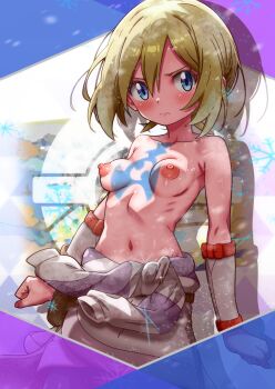  1girl blonde_hair blue_eyes blush breasts chest_tattoo clenched_hands closed_mouth clothes_around_waist collarbone commentary_request cosplay eyelashes frown gaeric_(pokemon) gaeric_(pokemon)_(cosplay) hair_between_eyes highres irida_(pokemon) medium_hair navel nintendo nipples pearl_clan_outfit pokemon pokemon_legends:_arceus revision ribs rorretsim solo tattoo topless_female wristband 
