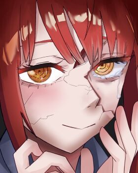  1girl chainsaw_man close-up commentary cracked_kawaii_mask cracked_mask crying crying_with_eyes_open english_commentary highres makima_(chainsaw_man) miyajiwm orange_eyes portrait red_hair ringed_eyes smile solo streaming_tears tears 