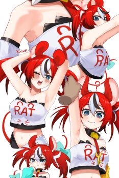  1girl 1other ? absurdres animal_ear_fluff animal_ears armpit_crease armpit_focus armpits black_hair blue_eyes blush bow breasts cheese cleavage clothes_writing collar crop_top detached_sleeves dice dice_hair_ornament double-parted_bangs english_text food grabbing_another's_arm hair_between_eyes hair_ornament hakos_baelz hakos_baelz_(1st_costume) highres hololive hololive_english key leaning mouse_tail multicolored_hair multiple_views navel niwasa_izuna one_eye_closed presenting_armpit red_hair sharp_teeth shirt spiked_collar spikes spoken_question_mark tail tail_bow tail_ornament teeth twintails uneven_twintails virtual_youtuber white_hair white_shirt yawning 