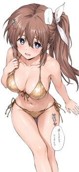  1girl bikini breasts bright_pupils brown_hair cleavage collarbone commentary_request elf_(stroll_in_the_woods) gold_bikini golden_week hair_between_eyes hair_ribbon highres large_breasts long_hair looking_at_viewer lyrical_nanoha mahou_shoujo_lyrical_nanoha_strikers navel ponytail purple_eyes ribbon side-tie_bikini_bottom sidelocks simple_background solo swimsuit takamachi_nanoha white_background white_pupils white_ribbon 