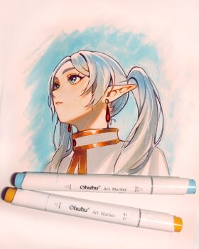  1girl commentary earrings elf english_commentary frieren green_eyes highres jellypon jewelry long_hair marker_(medium) meme photo_(medium) pointy_ears solo sousou_no_frieren traditional_media twintails upper_body upward_angle_frieren_drawing_(meme) white_hair 