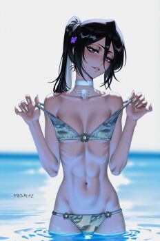  abs ai-assisted bikini black_hair bleach bleach:_epilogue blush breasts choker highres kuchiki_rukia long_hair ponytail prixmal purple_hair ribs small_breasts smile swimsuit undressing water 