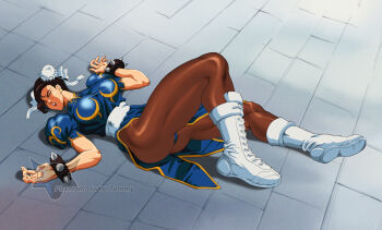  1girl artist_name breasts capcom chun-li closed_eyes defeat highres large_breasts legs lying on_back phantommy street_fighter unconscious  rating:Sensitive score:2 user:somnophil