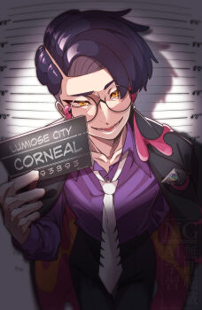 1boy absurdres coat coat_on_shoulders collared_shirt commentary_request corbeau_(pokemon) curtained_hair hand_up highres holding ikei_2066 looking_at_viewer male_focus mugshot necktie nintendo open_clothes open_collar orange_eyes parted_hair pokemon pokemon_legends:_z-a purple_shirt round_eyewear shirt short_hair solo teeth two-tone_necktie watermark white_necktie