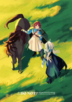  2girls ^_^ absurdres adversarial_noise black_boots black_cape black_horse blue_jacket blue_shirt boots brown_boots cape closed_eyes coat coat_on_shoulders dress facing_another facing_away from_above full_body gauntlets grass green_coat grey_hair hair_ornament highres jacket long_hair low_ponytail marsha_(reverse:1999) multiple_girls open_mouth ponytail red_hair reverse:1999 sentinel_(reverse:1999) shadow shirt short_hair smile standing tn_kn1000 watermark white_dress 