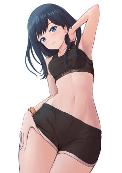 1girl absurdres arm_up black_hair black_sports_bra blue_eyes border brand_name_imitation breasts calvin_klein check_commentary commentary commentary_request commission curvy dolphin_shorts eyelashes gridman_universe gridman_universe_(movie) hair_over_shoulder hand_in_own_hair hand_on_own_thigh highres lips looking_at_viewer midriff navel sasasa_r_23 scrunchie shiny_skin short_shorts shorts simple_background skeb_commission small_breasts smile sports_bra ssss.gridman stomach sweat takarada_rikka thighs white_background wide_hips wrist_scrunchie rating:Sensitive score:72 user:danbooru