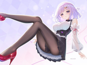  1girl akiyomi argyle_background bare_shoulders black_corset black_skirt blush breasts brown_pantyhose carrot_hair_ornament commentary_request commission corset detached_sleeves feet_out_of_frame food-themed_hair_ornament frilled_shirt frills hair_ornament heart_pendant high_heels highres indie_virtual_youtuber kokoa_amethyst large_breasts layered_skirt legs looking_at_viewer medium_hair pantyhose parted_lips puffy_sleeves purple_background purple_eyes purple_hair red_ribbon red_shoes ribbon shirt shoes simple_background skeb_commission skirt sleeveless sleeveless_shirt solo thighs twitter_username virtual_youtuber white_shirt white_skirt white_sleeves 