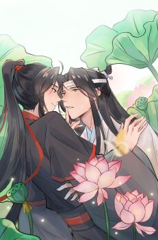  2boys ahoge bishounen black_hair black_hanfu blush chinese_clothes closed_mouth commentary_request couple eye_contact face-to-face fia_(fialoveice) flower hair_ribbon hand_on_another's_chin hand_on_another's_shoulder hanfu headband high_ponytail highres hug imminent_kiss lan_wangji leaf lily_pad long_hair long_sleeves looking_at_another lotus lotus_leaf lotus_pod male_focus modao_zushi multiple_boys outdoors parted_lips pink_flower ponytail red_ribbon red_sash ribbon robe sash sidelocks smile topknot upper_body wei_wuxian white_hanfu white_headband wide_sleeves xiao_guan_(headdress) yaoi yellow_eyes 